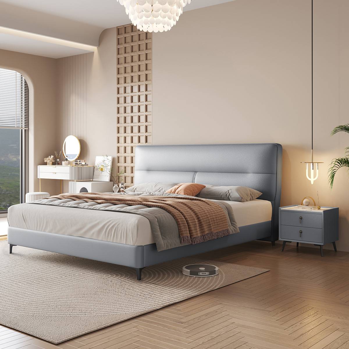 Blue upholstered bed in a modern bedroom setting