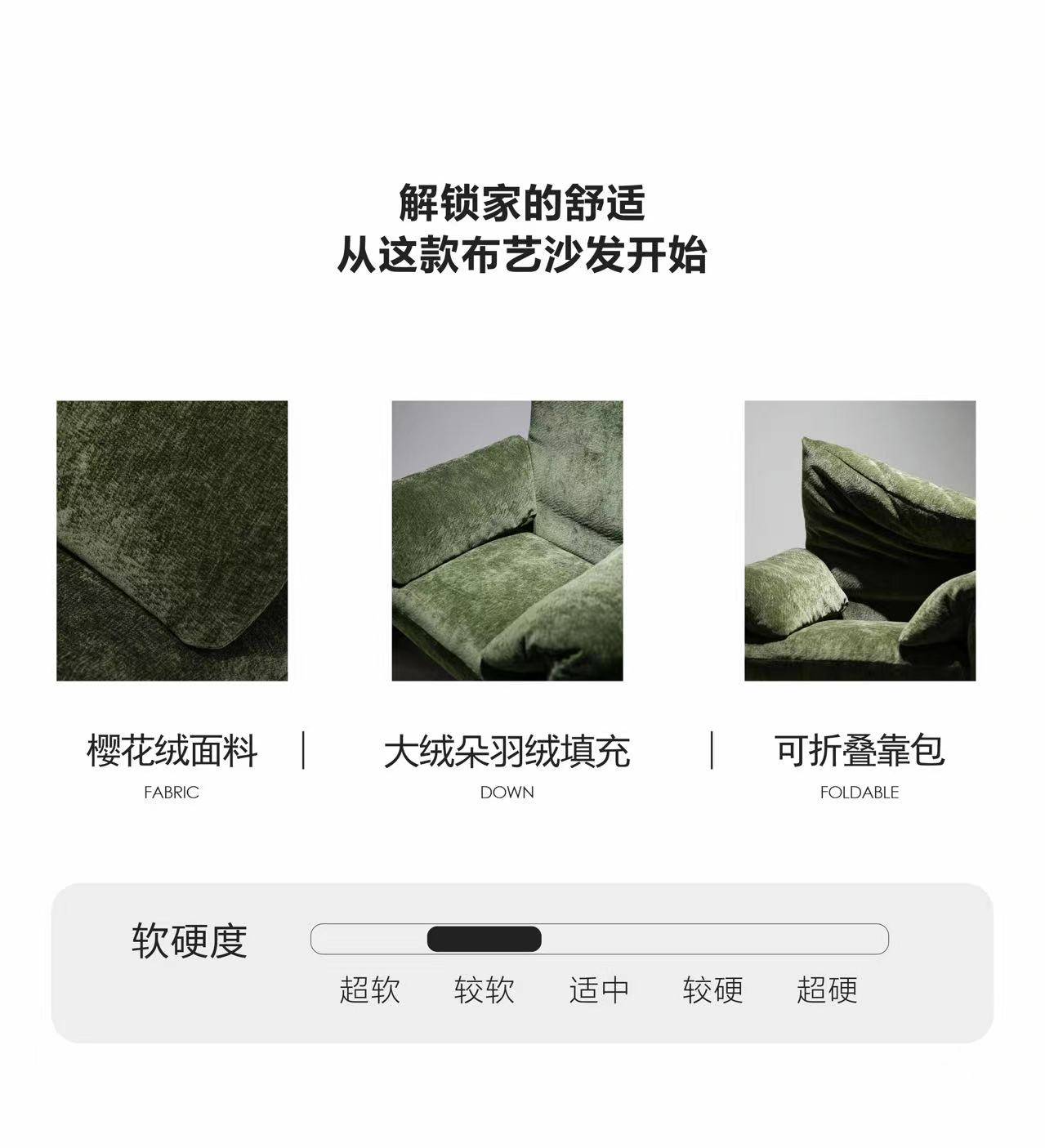 Product features infographic showing fabric, filling, and foldable backrest