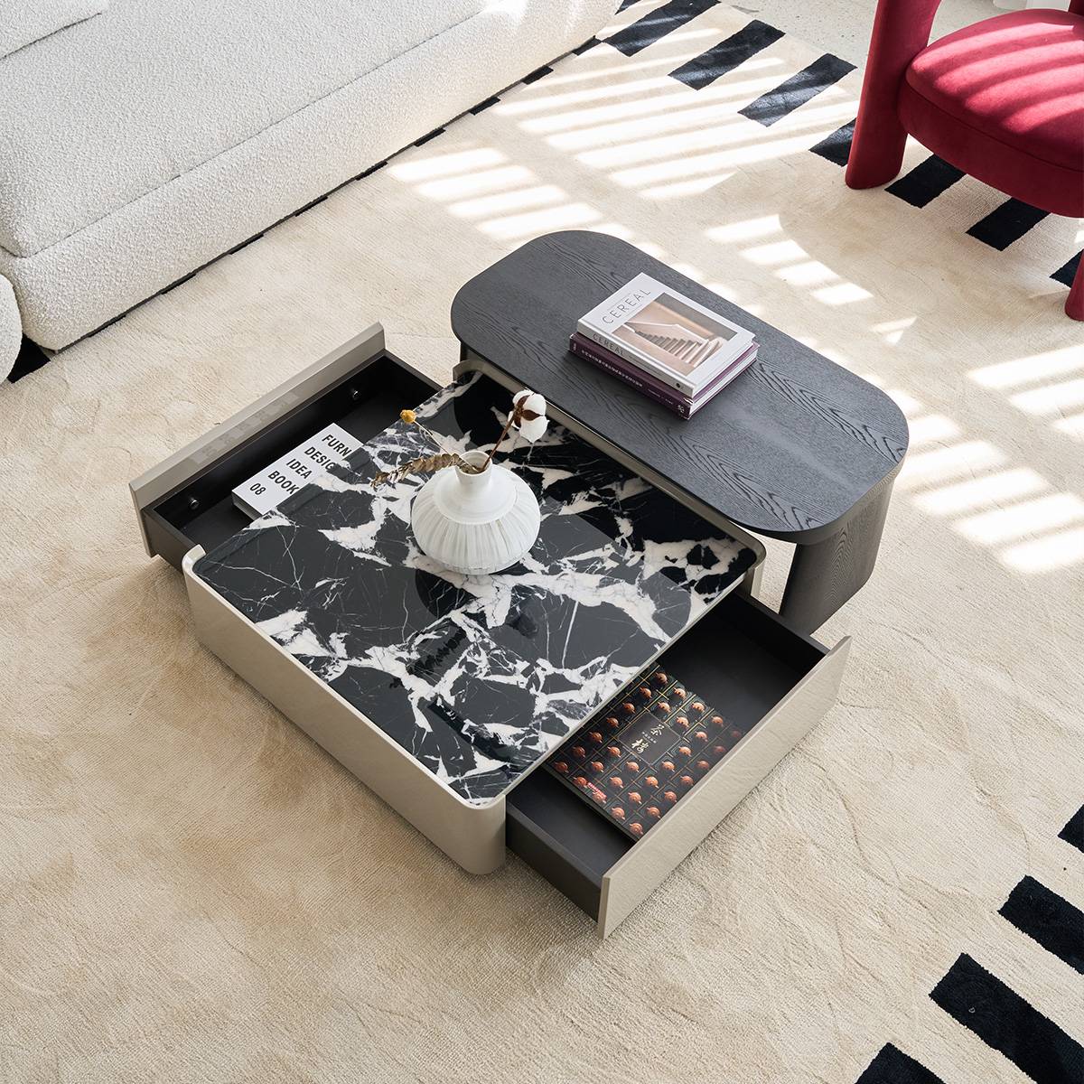 Top-down view showing the open storage drawers of the coffee table