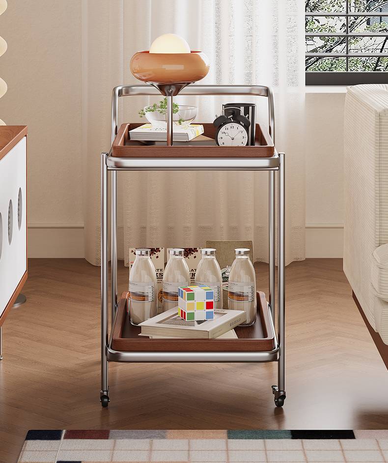 Full view of the Bauhaus side table with stainless steel frame and wooden trays