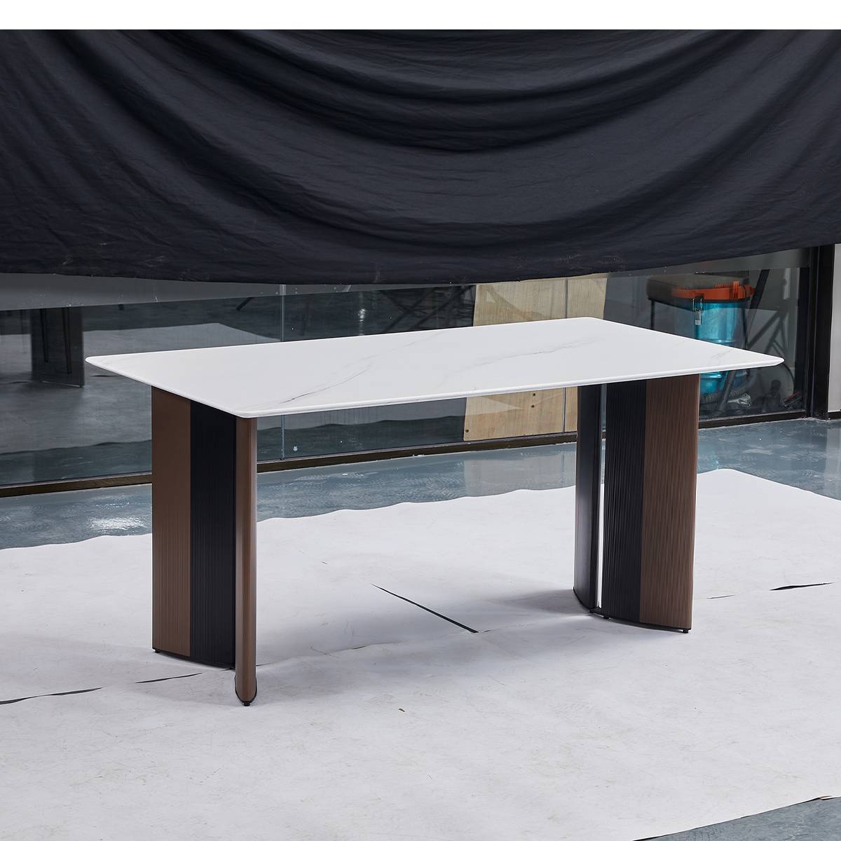 Close-up of the dining table base and marble top