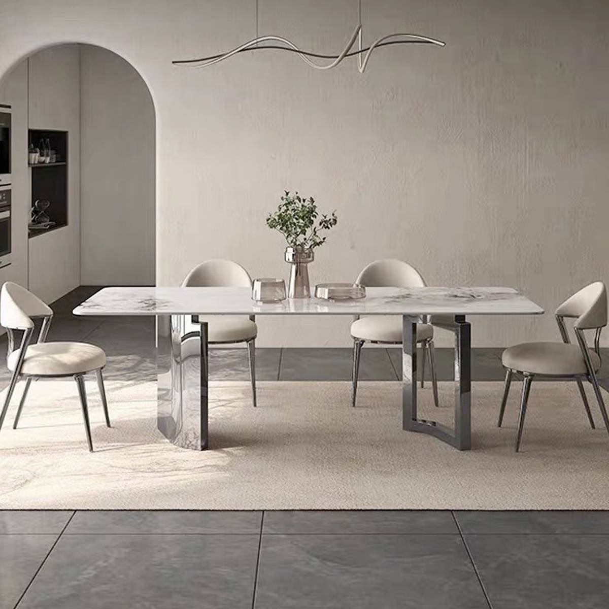 Side view of the dining table in a modern dining room setting