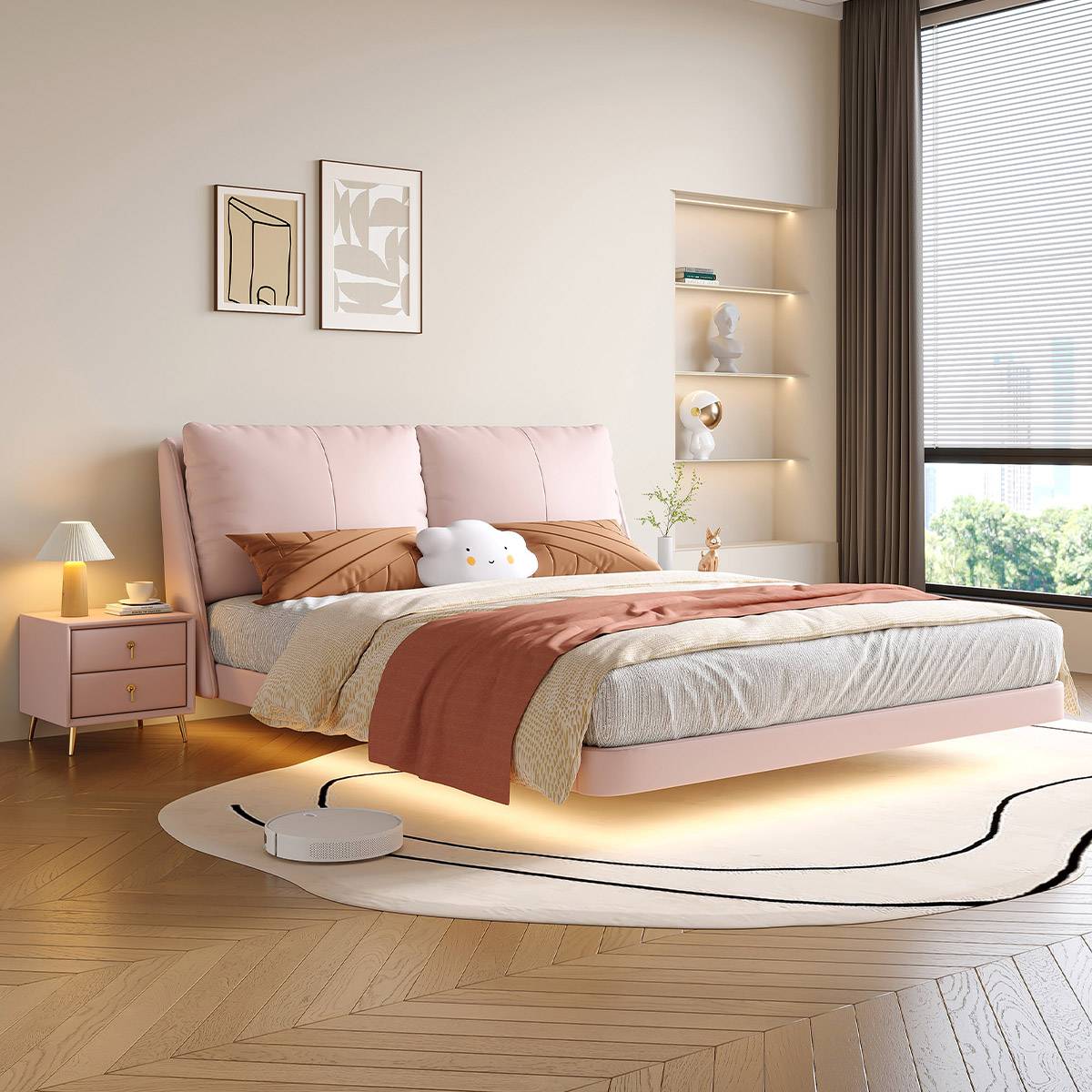 Pink eco-leather floating bed with LED lighting