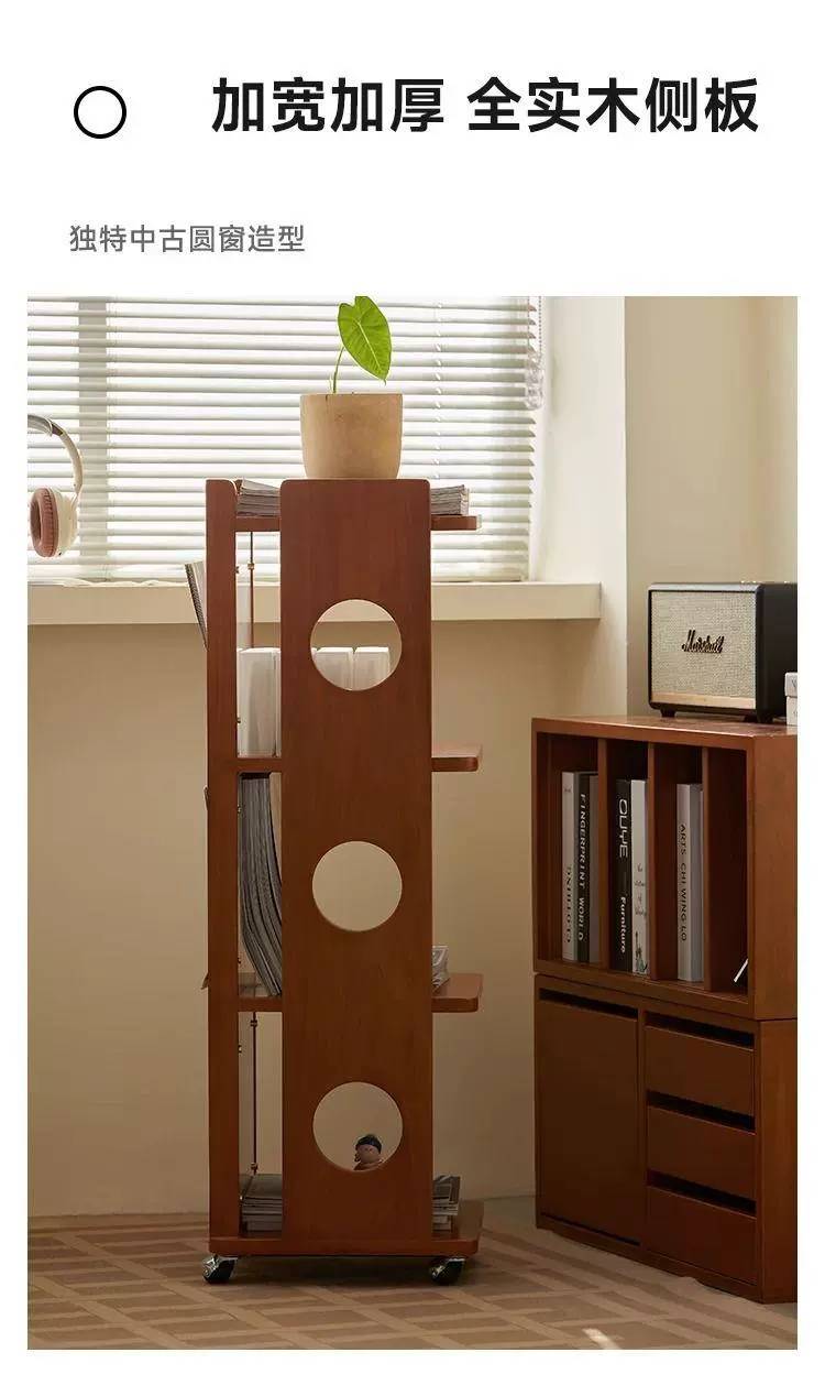 Side view of the wooden cabinet showing the circular window design and solid wood side panel