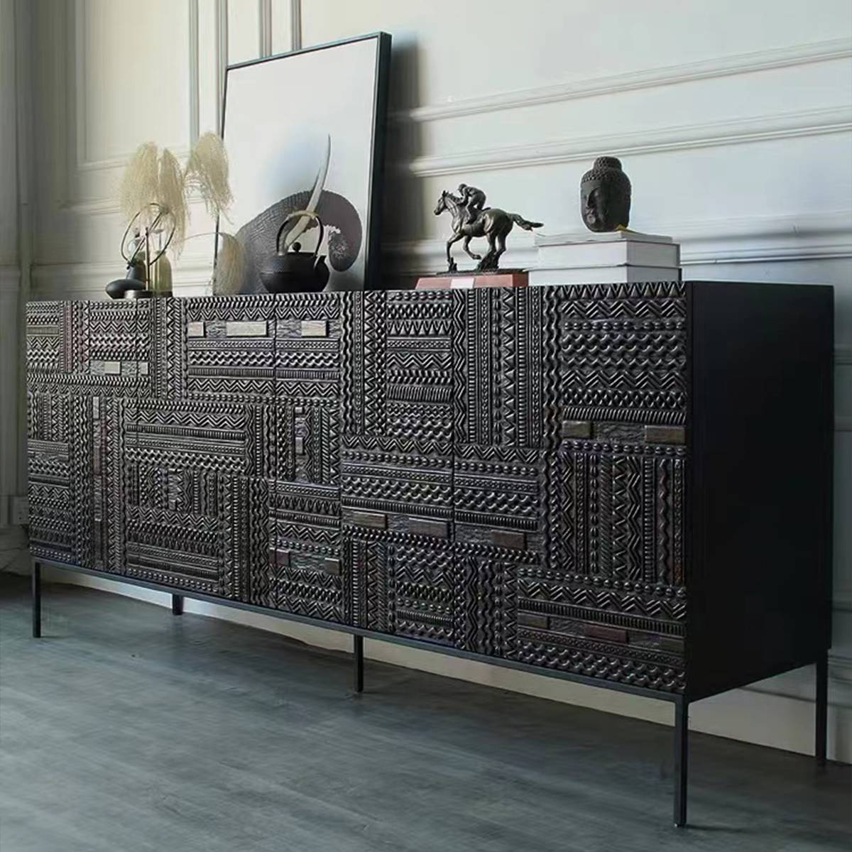 Side angle view of the sideboard showing the depth and metal legs