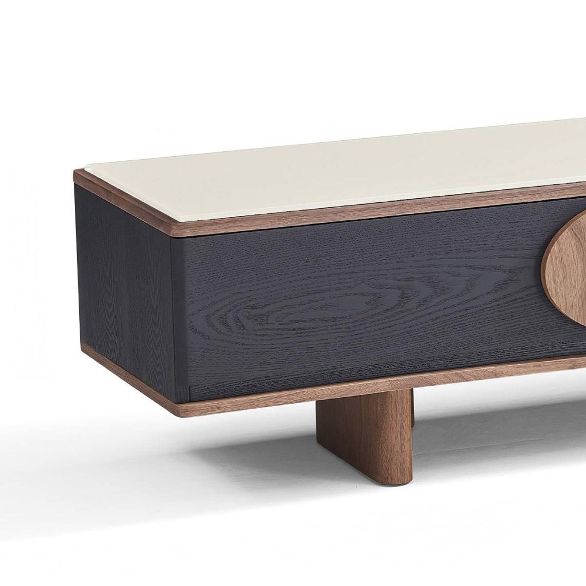 Close-up detail of the TV console corner showing wood grain and leg