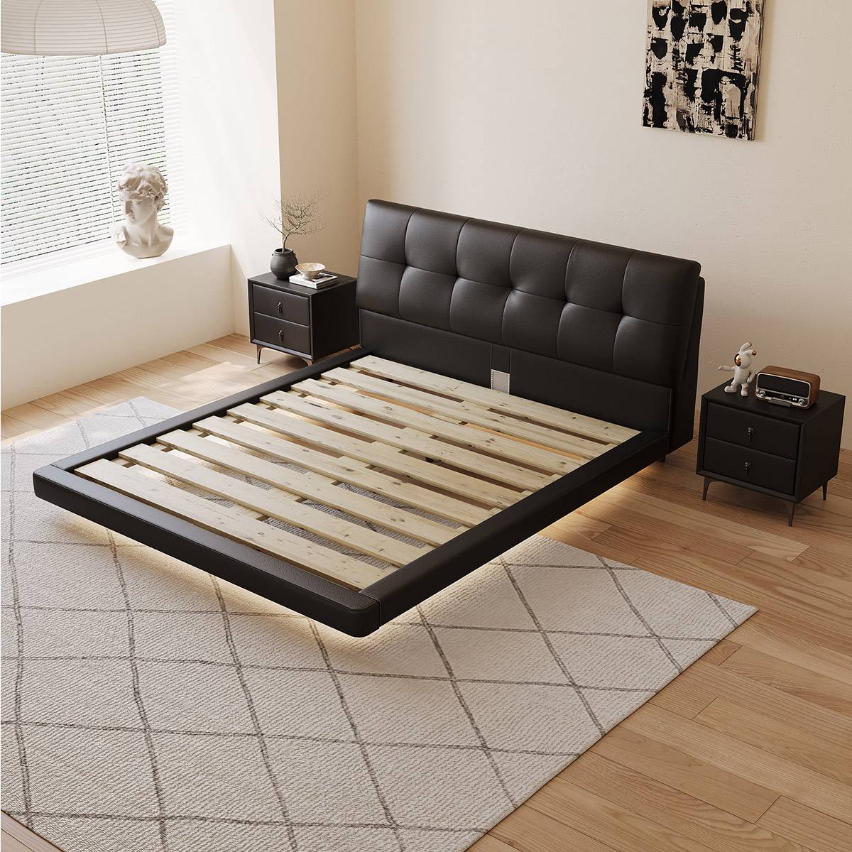 Black eco-leather floating bed with wooden slats and LED lighting