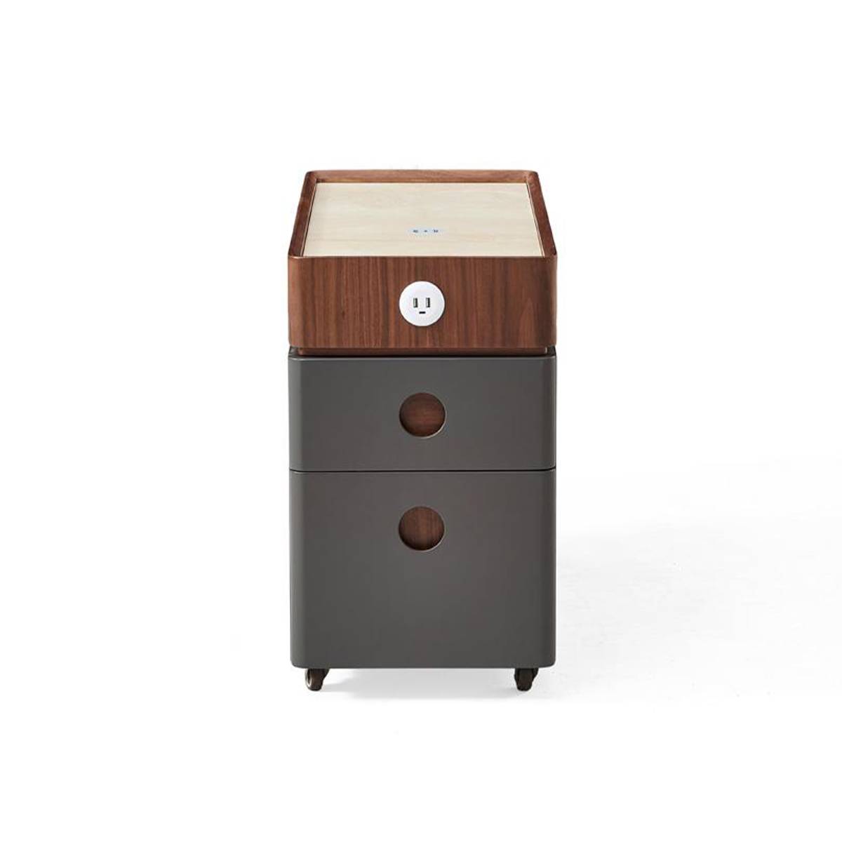 Front view showing the power outlet and drawer handles