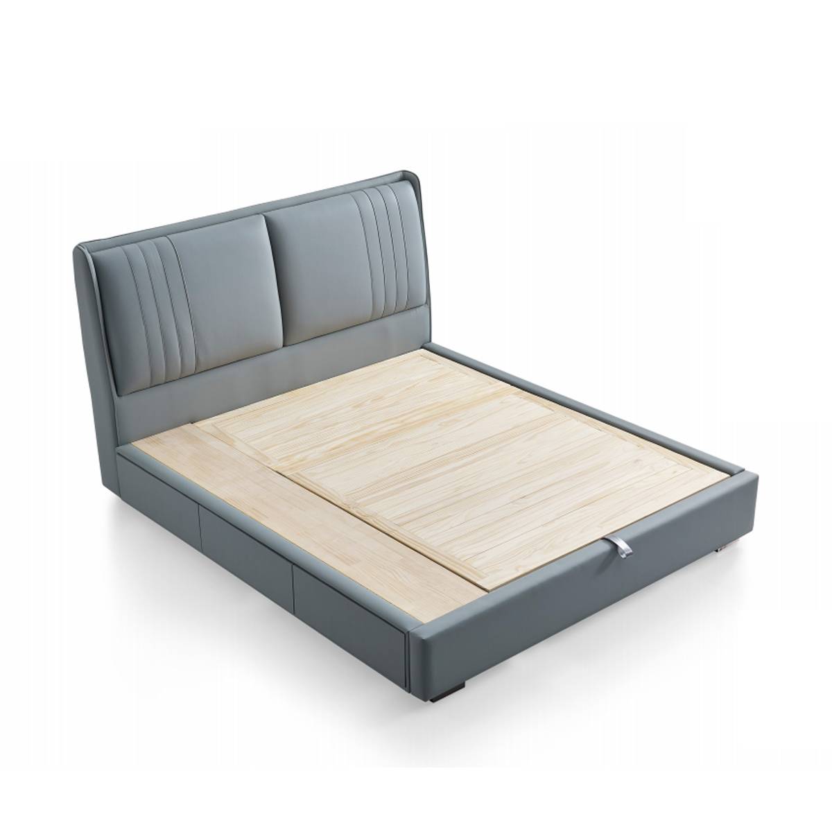 Grey leather bed frame with closed wooden slat base