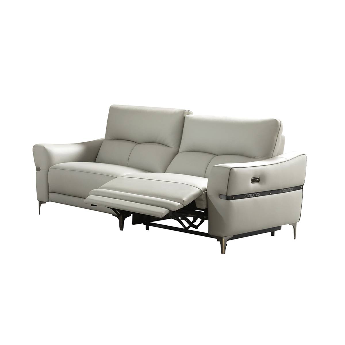 Side view of the recliner sofa showing the extended footrest mechanism
