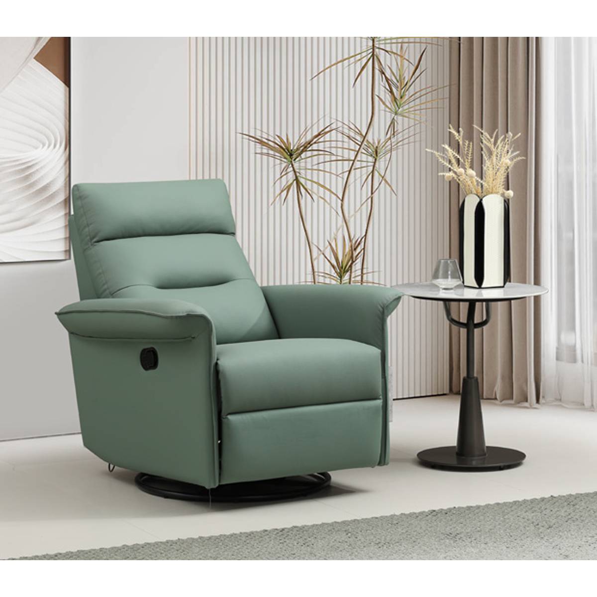 Green leather manual recliner swivel chair in upright position