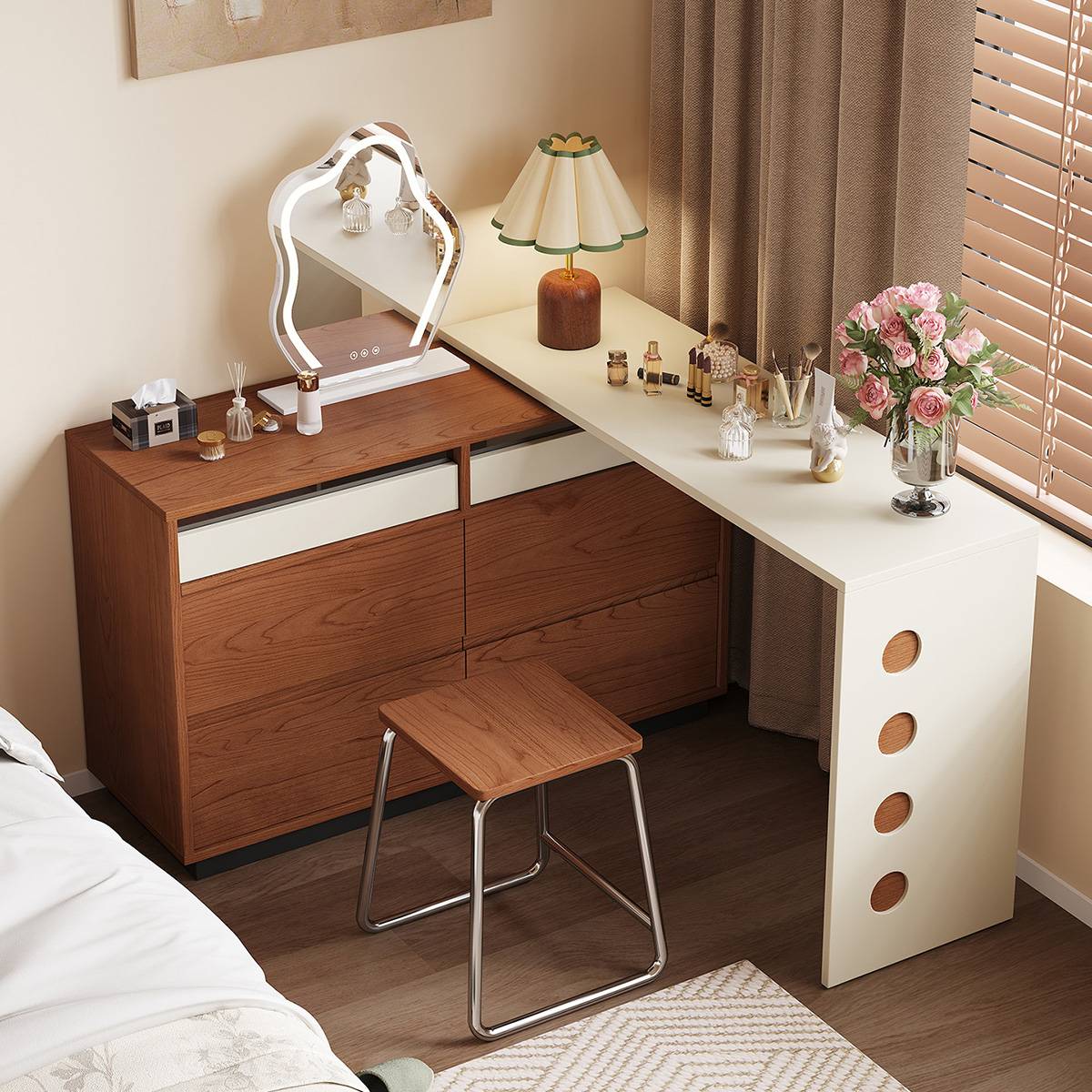 Vanity desk with extended sliding surface and lamp