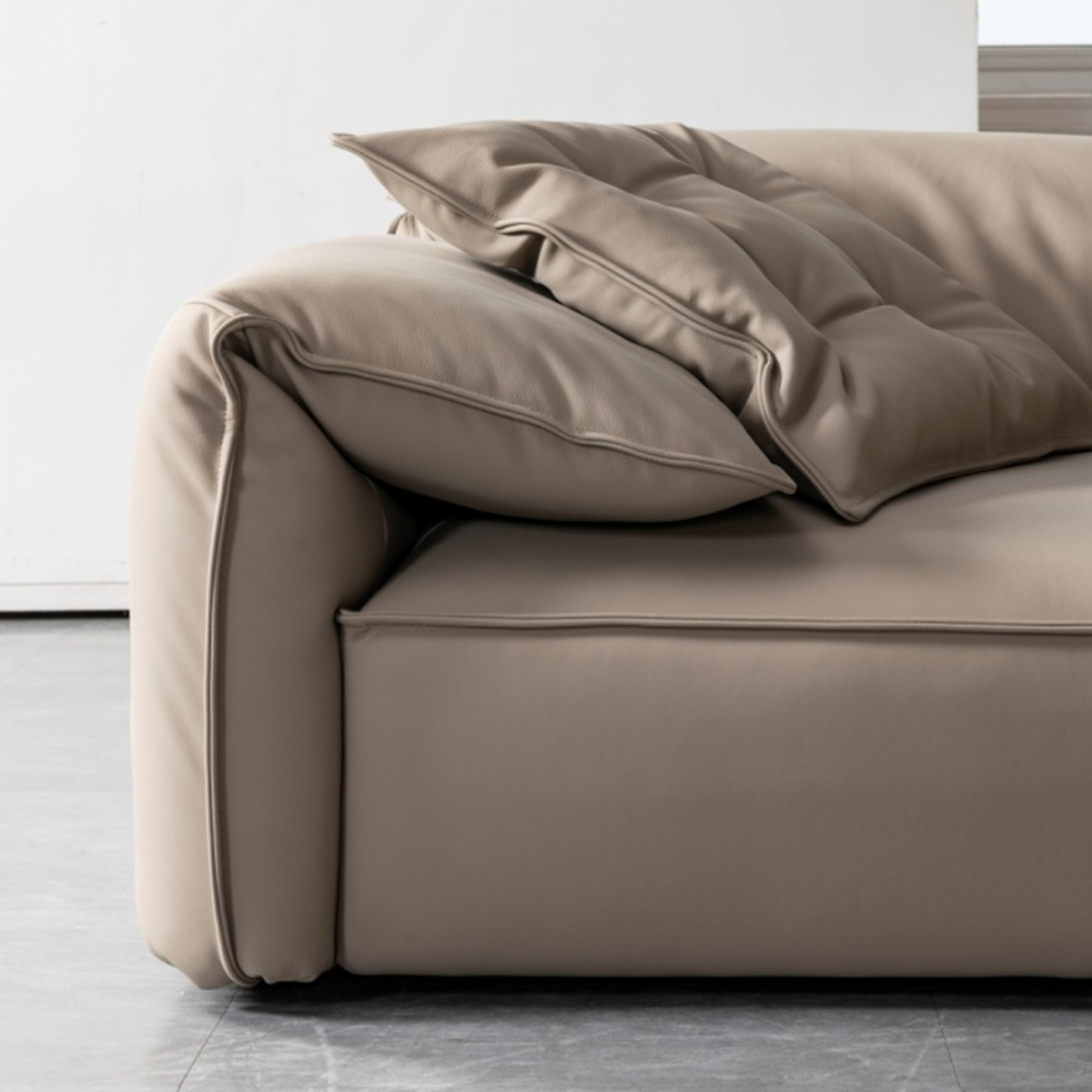 Close-up of the sofa armrest and tufted throw pillow