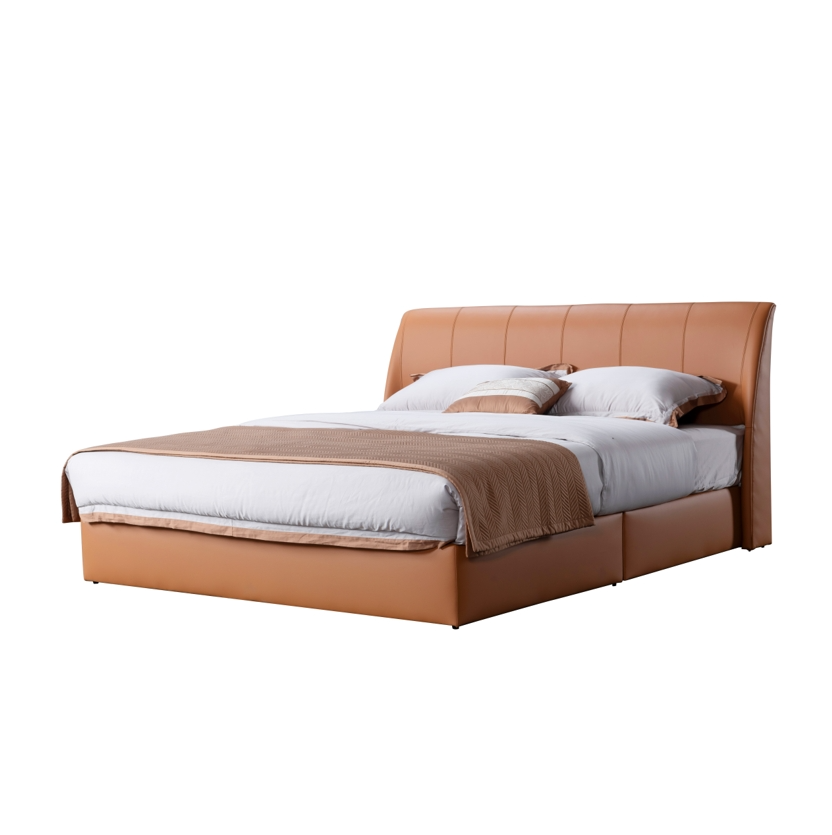 Front view of a brown leather upholstered bed with white bedding and a brown throw