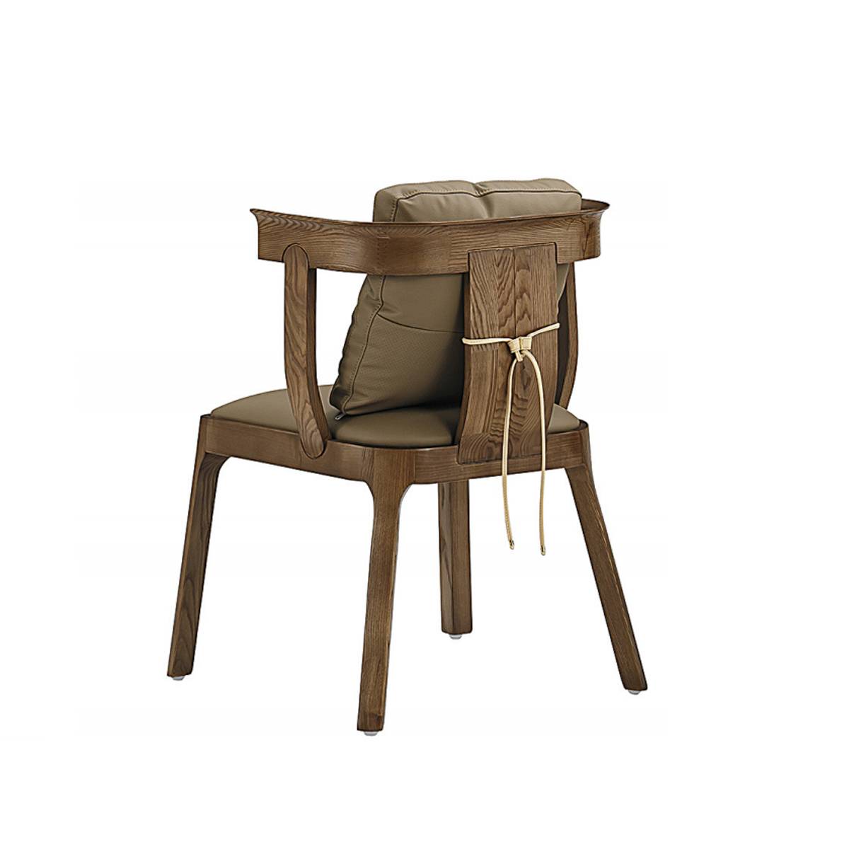 Rear view of a brown wood armchair with brown cushions showing tie straps