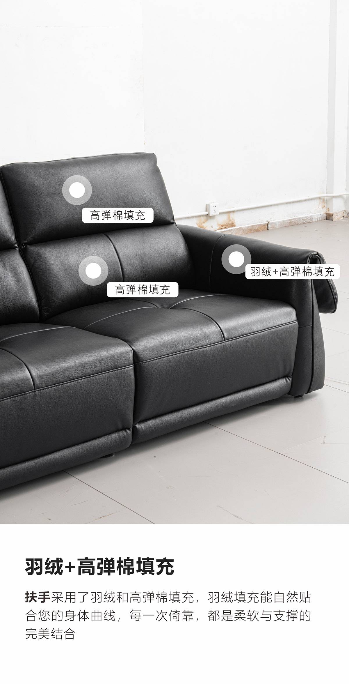Close-up of the sofa armrest and backrest showing filling details