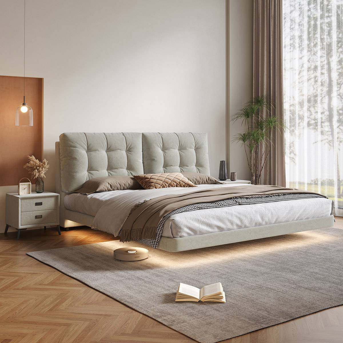 Side view of the bed in a light grey color option.