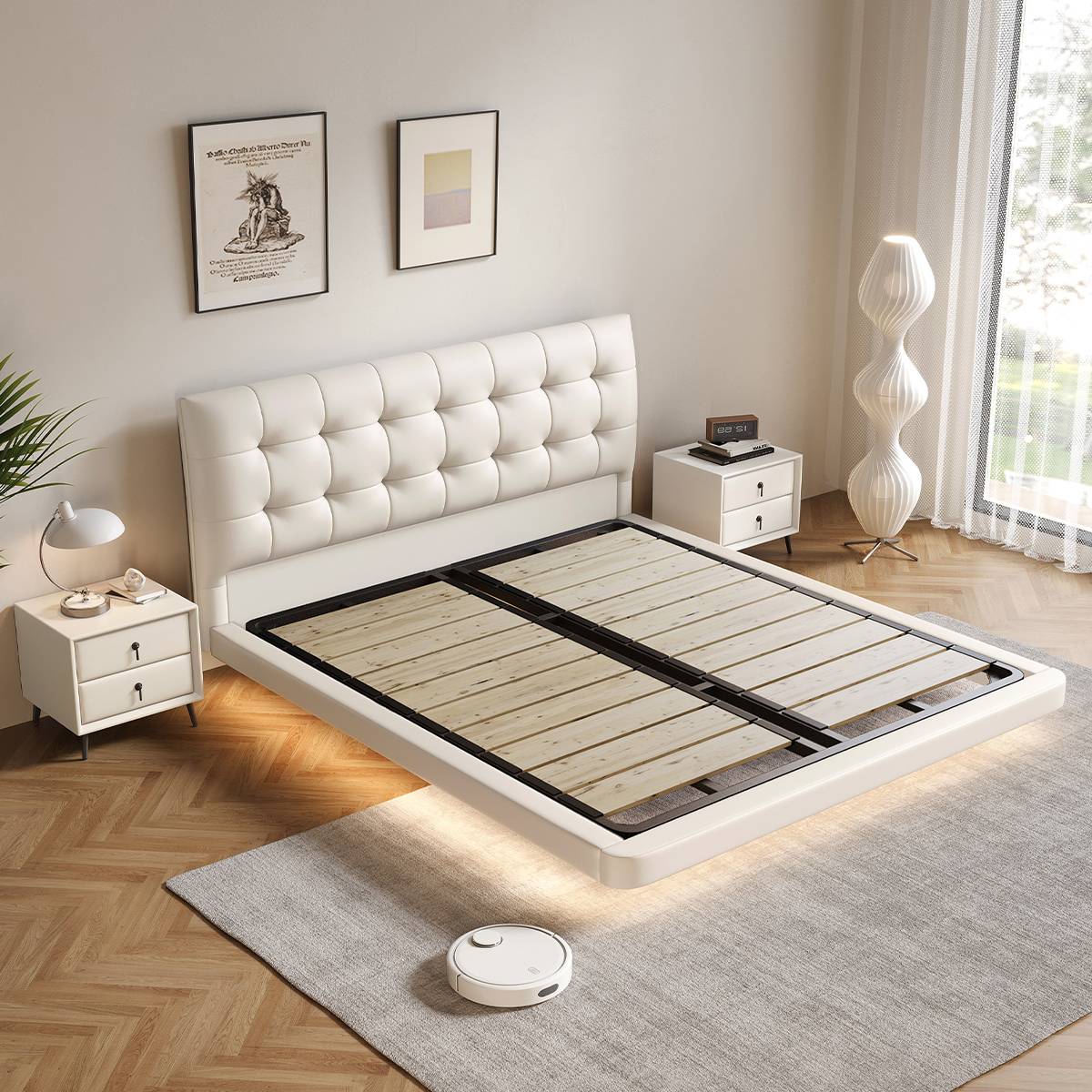 Bed frame without mattress showing the steel-wood slat base and pine wood boards