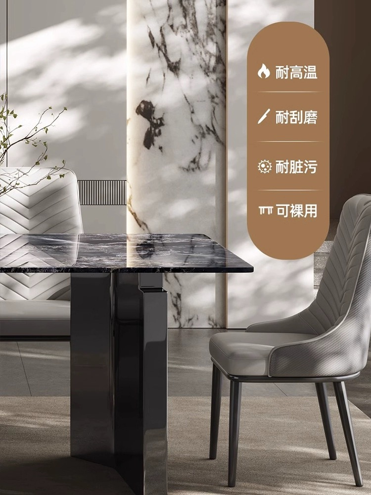 Infographic listing product features: heat resistant, scratch resistant, stain resistant, and safe for direct use.