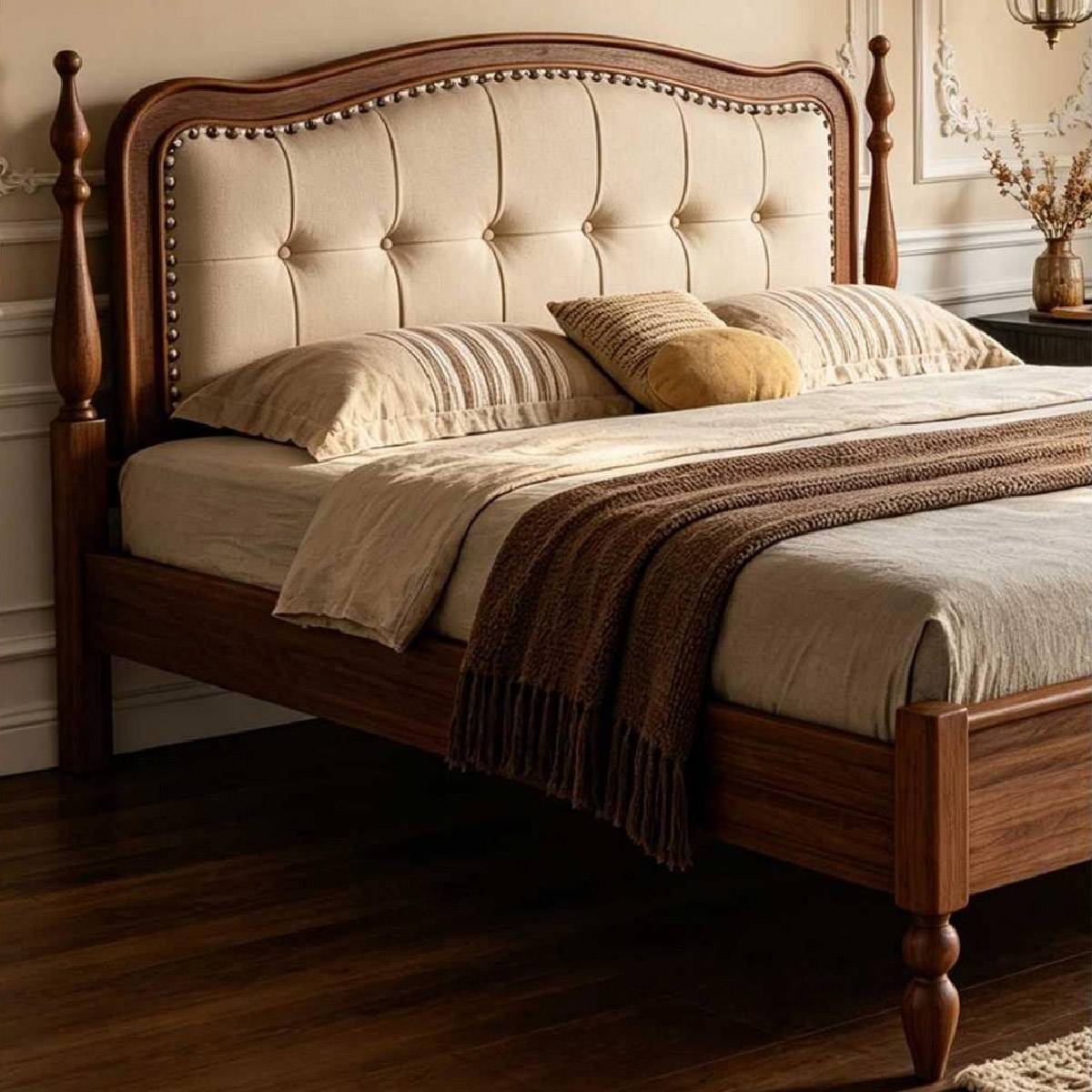 Side angle view of the bed showing the wooden frame and bedding