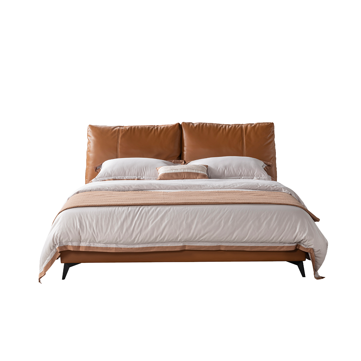Front view of the bed against a white background showing the split headboard and bedding.