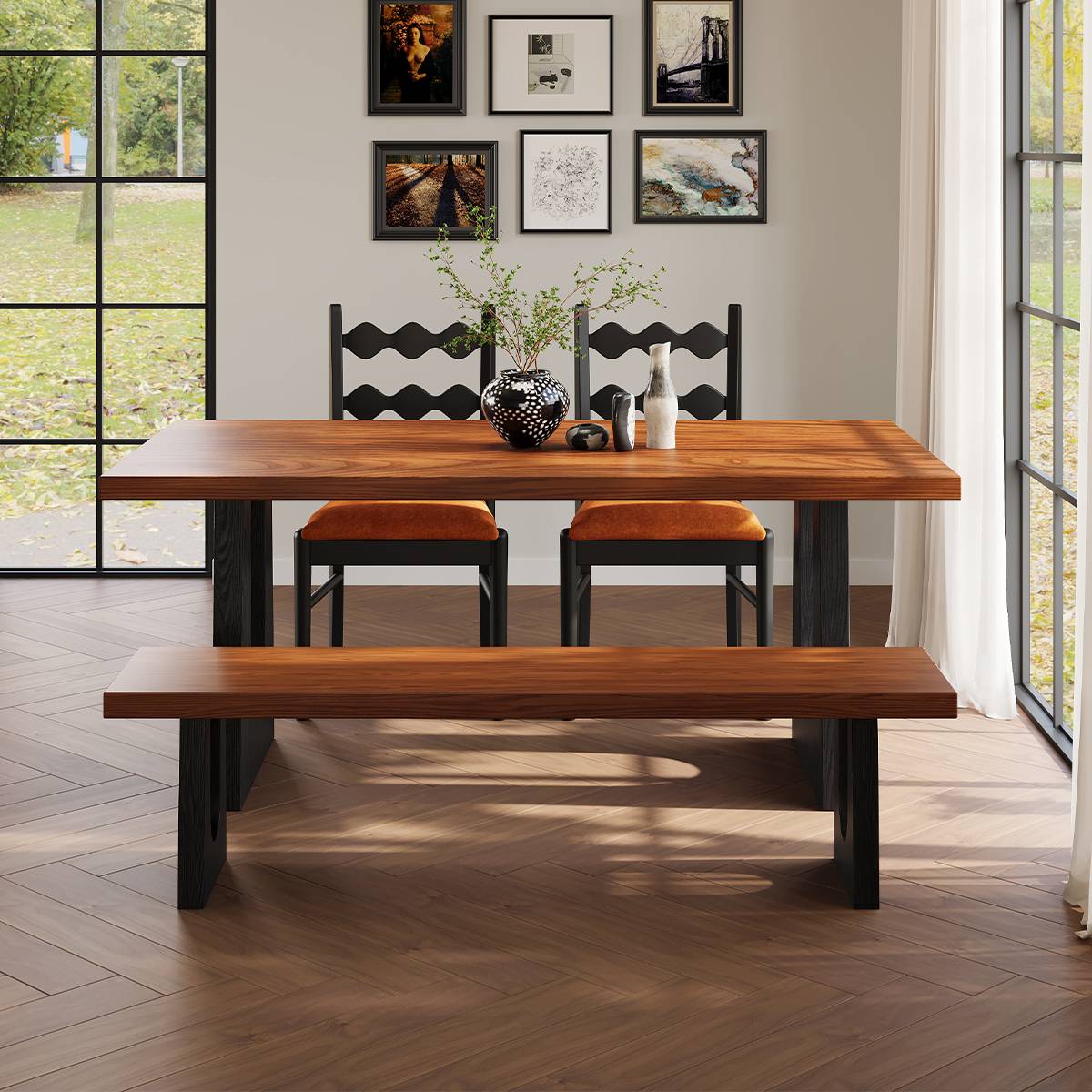 Dining table setup with a matching wooden bench and black chairs