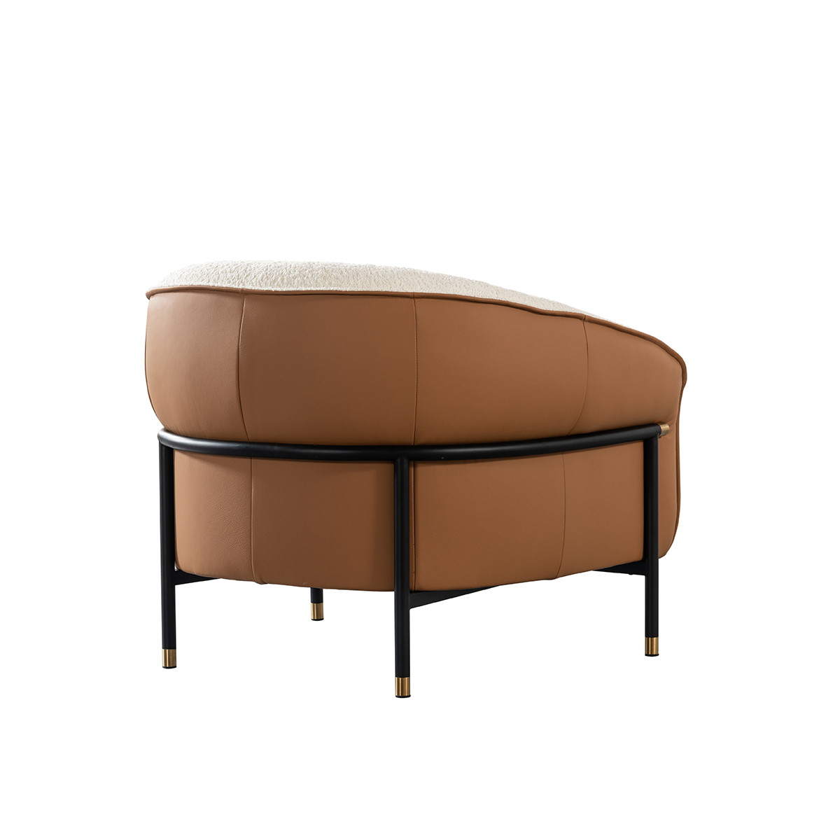 Rear view of the lounge chair showing the brown leather back and metal frame