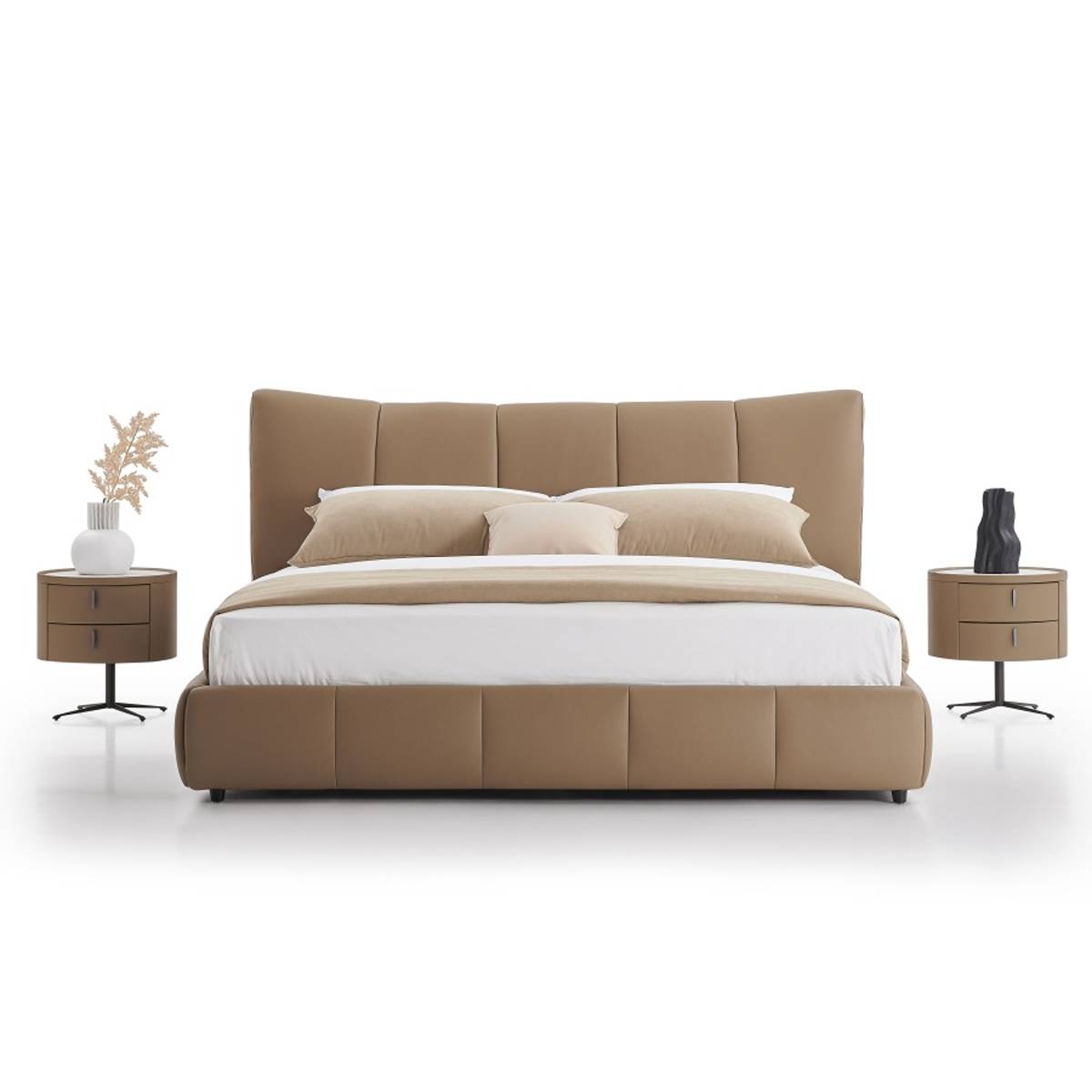 Front view of beige leather tufted bed with matching bedside tables