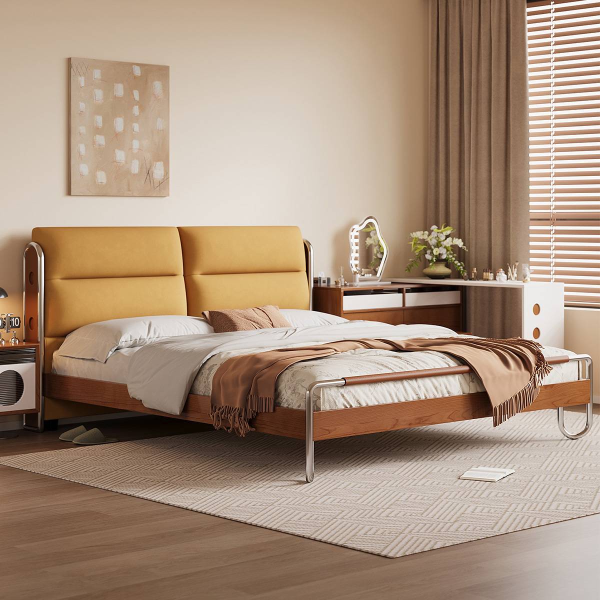 Lemon yellow upholstered bed in a bedroom setting