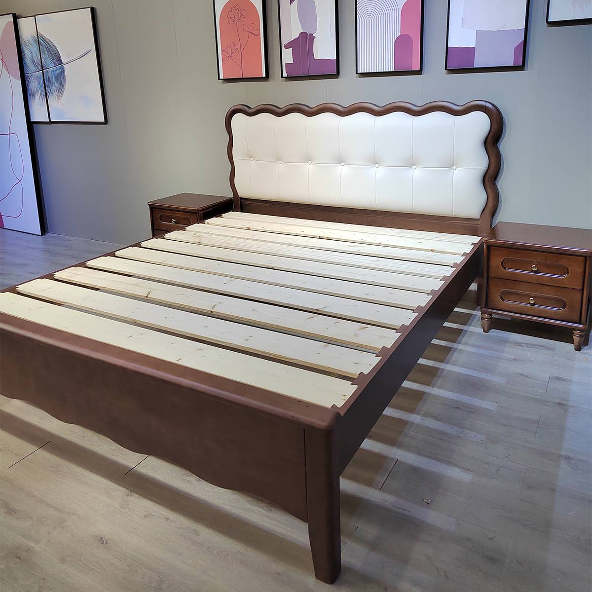 Side view showing the wooden bed slats and frame construction