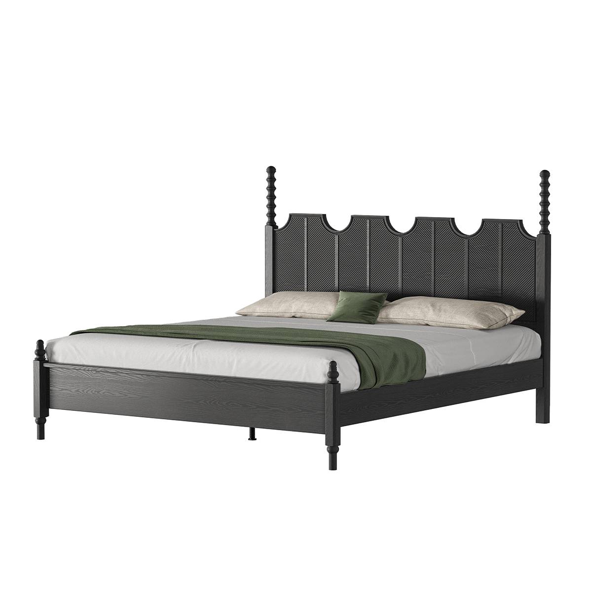 Full view of the mid-century solid wood bed with green bedding