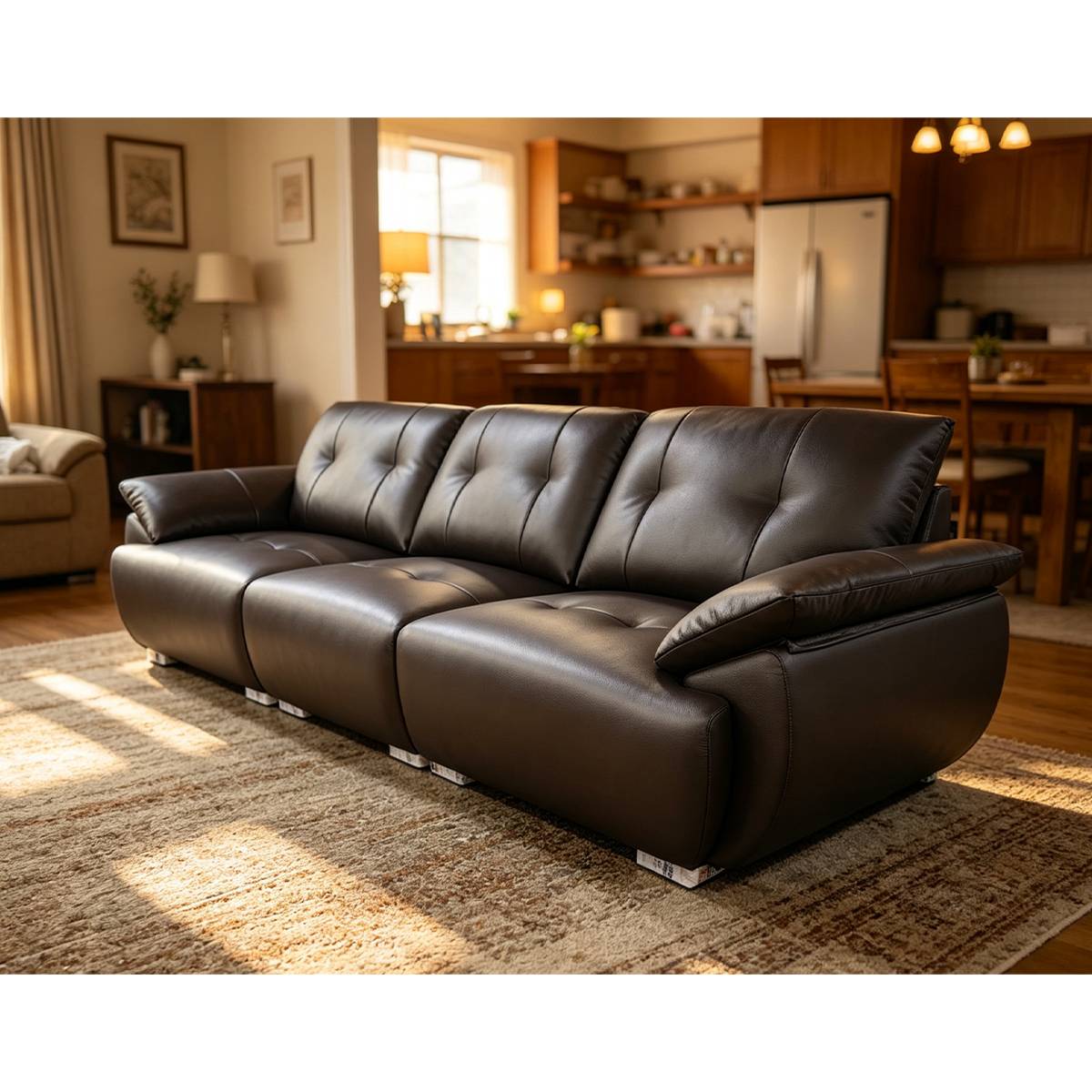 Brown eco-leather straight sofa in a living room setting