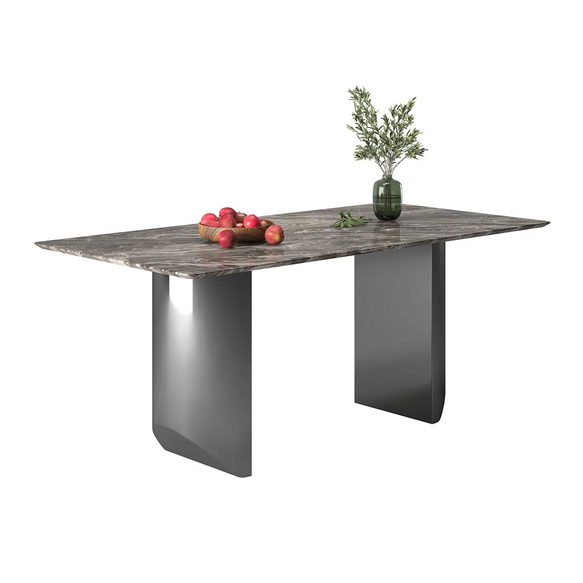 Close-up of the marble dining table with fruit and vase on top