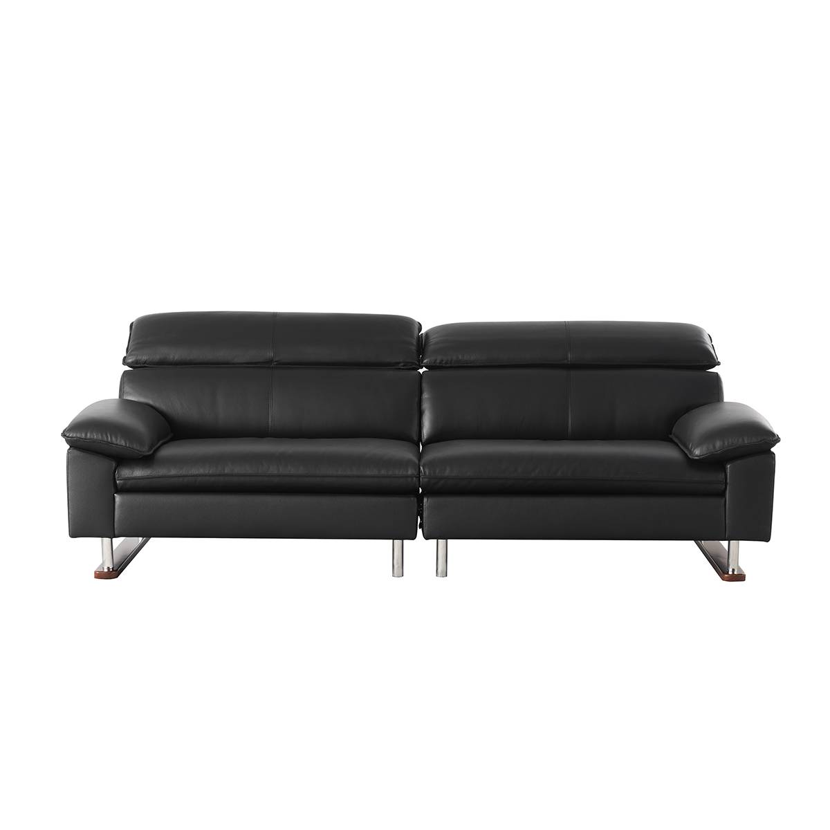 Front view of the black leather sofa with headrests raised