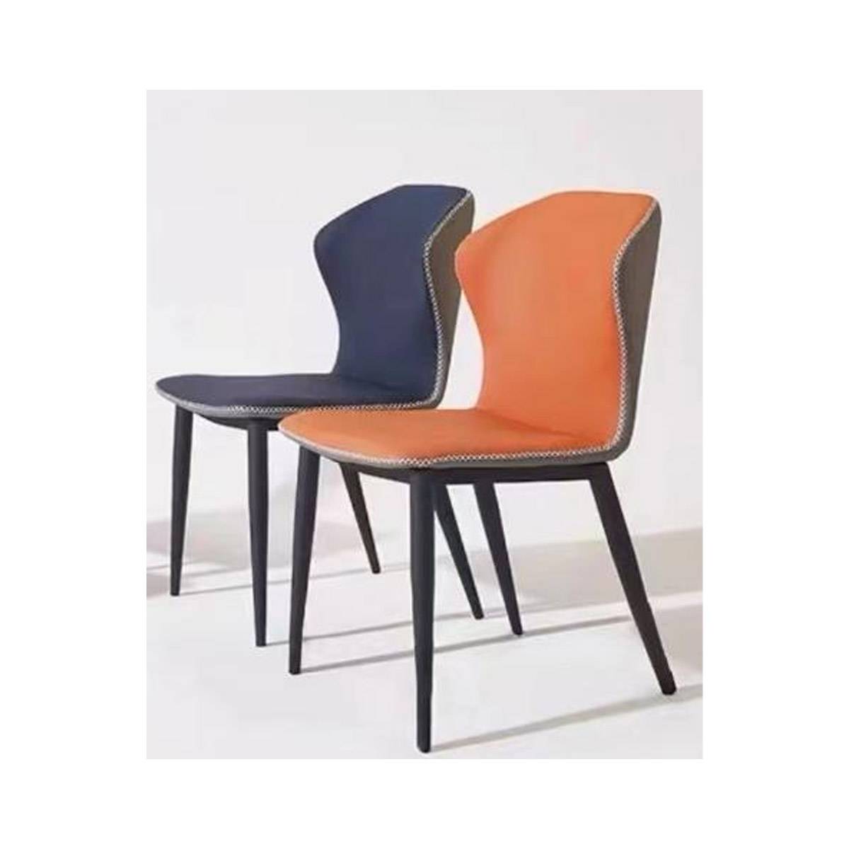 Two butterfly dining chairs in blue and orange tones with dark legs