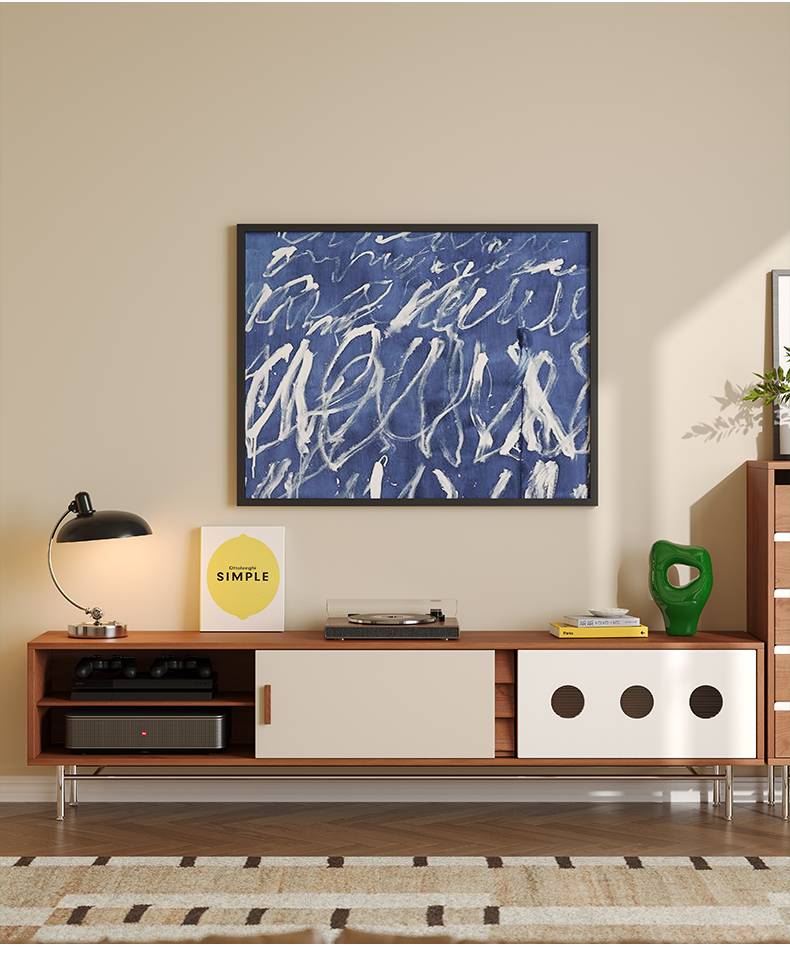 Bauhaus TV Console with open shelving and electronics