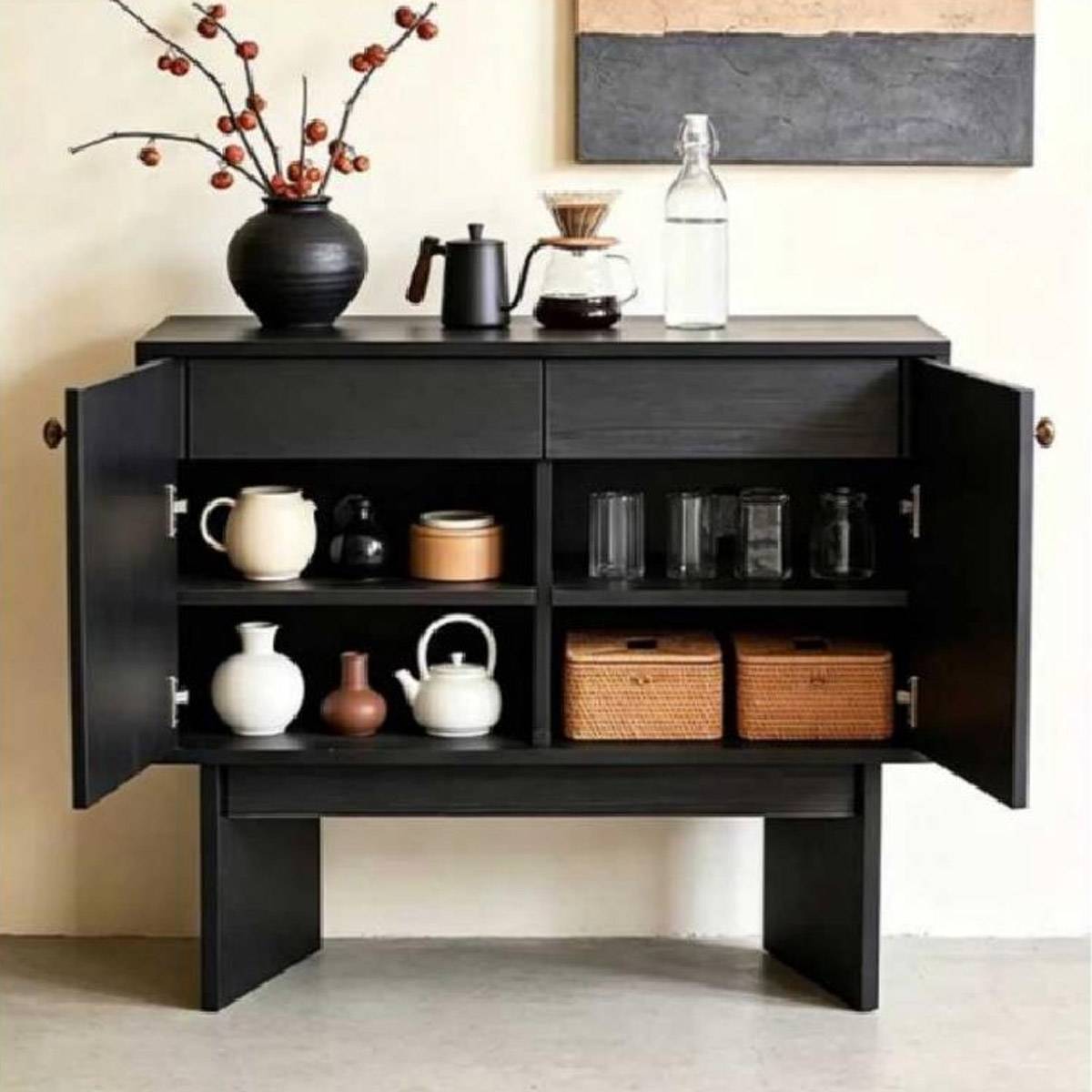 Sideboard with doors open showing internal shelves and storage capacity