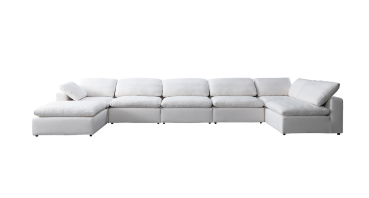 Front view of white fabric straight row sofa