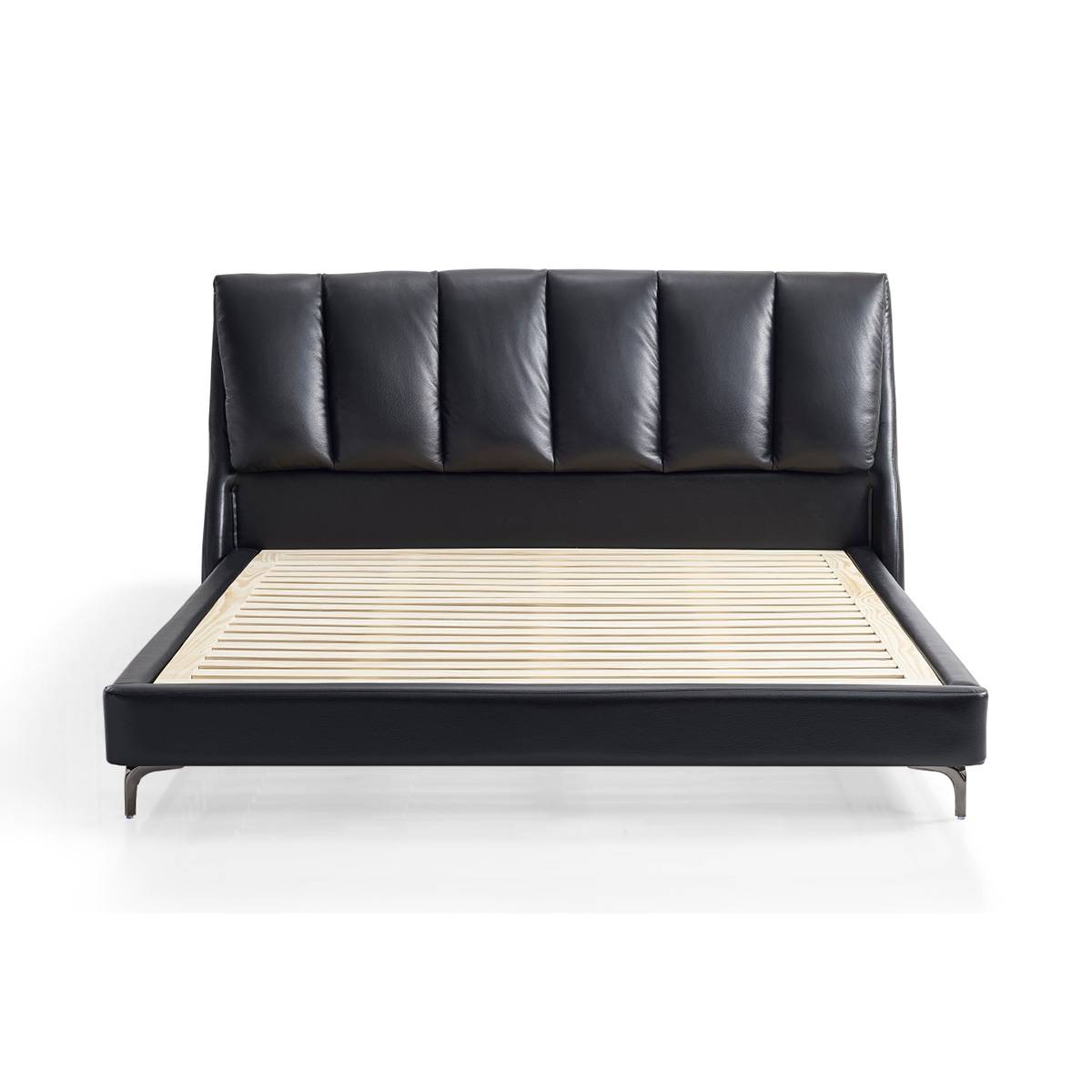 Front view of a black leather bed with a tufted headboard and wooden slat base.