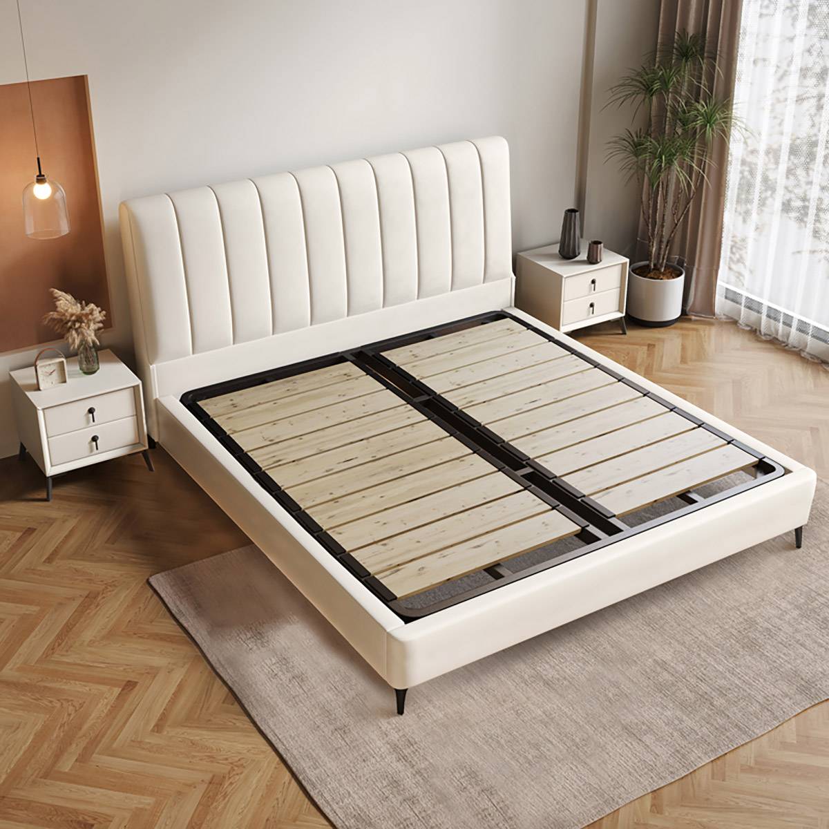 Bed frame showing steel-wood slat base structure