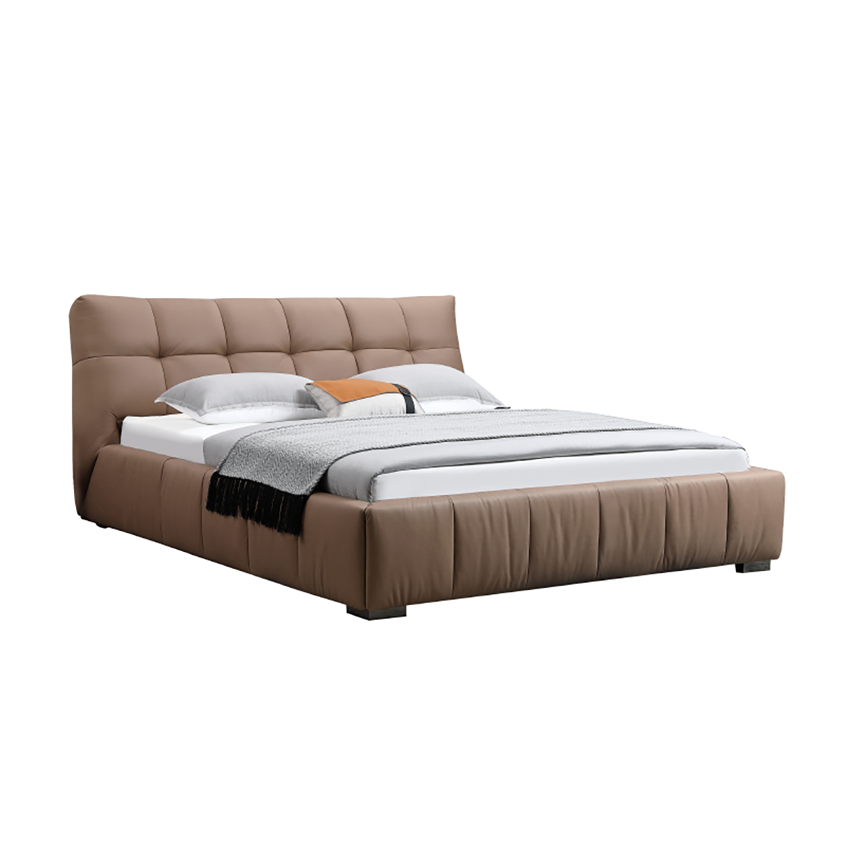 Side view of a brown tufted leather bed with white bedding and a grey throw blanket