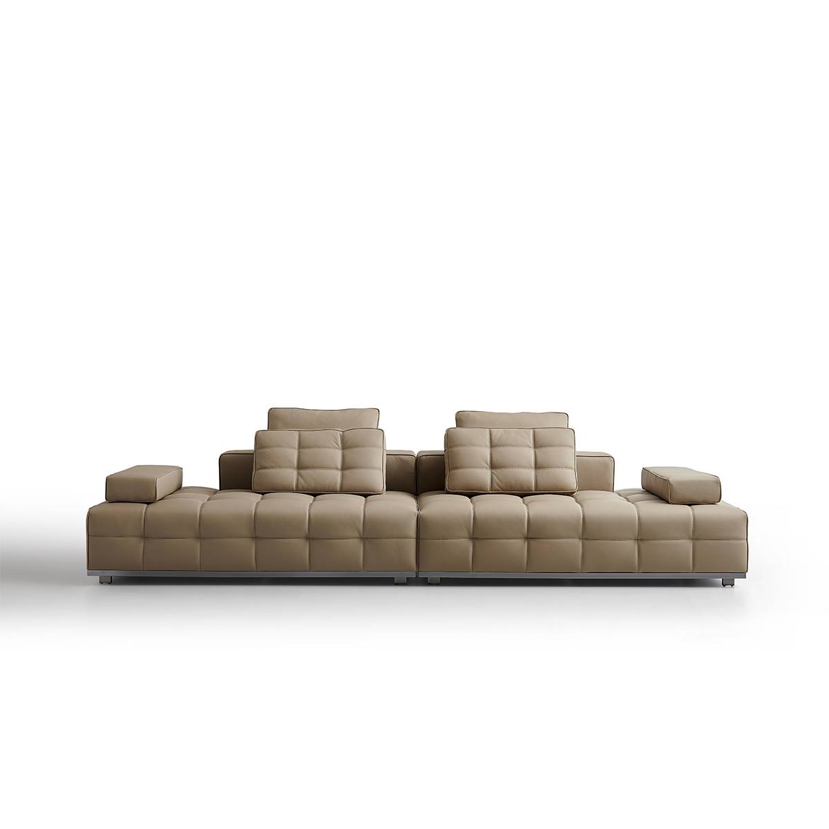 Front view of the Lawrence sofa highlighting the symmetrical design and stainless steel base
