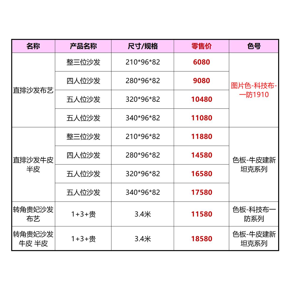 Product specification table showing dimensions and prices for various sofa models