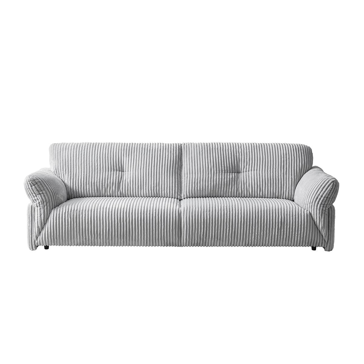 Front view of grey corduroy fabric sofa