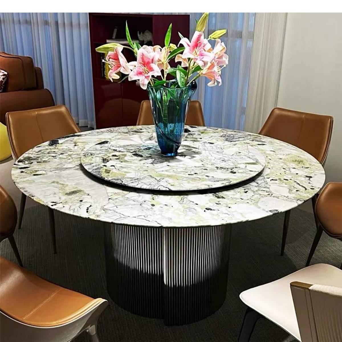 Imported Cold Jadeite Natural Marble Luxury Stone Round Dining Table with Stainless Steel Mirror Round Tube Base (Z60-S96)