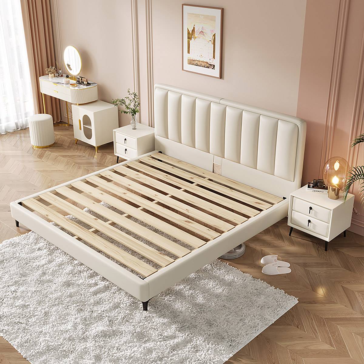 Bed frame without mattress showing the wooden slat base structure