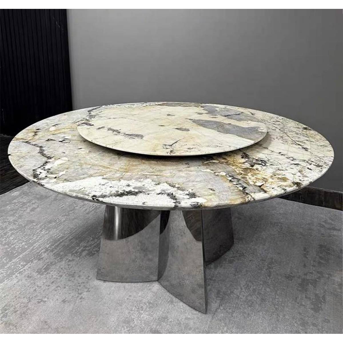 Imported Pandora Natural Marble Luxury Stone Round Dining Table with Stainless Steel Mirror Clover Base (Z60-S94)