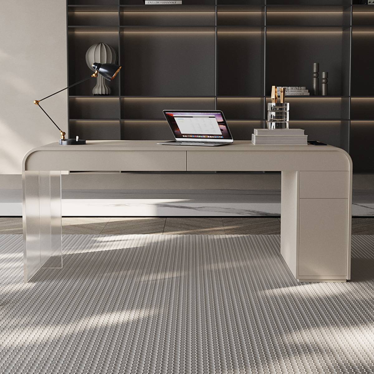 Front view of the cream desk showing the integrated power strip and drawers