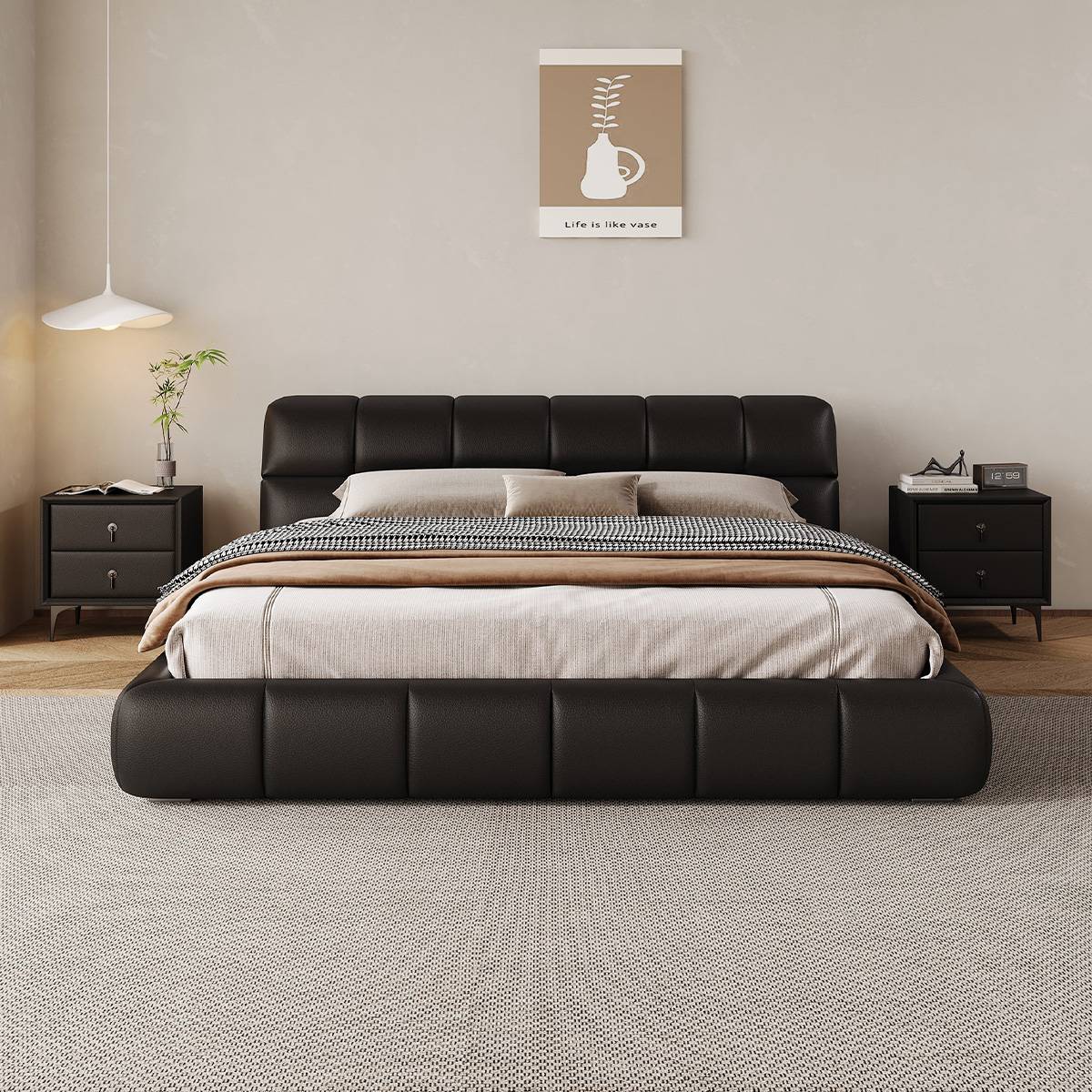 Front view of black eco-leather floating bed
