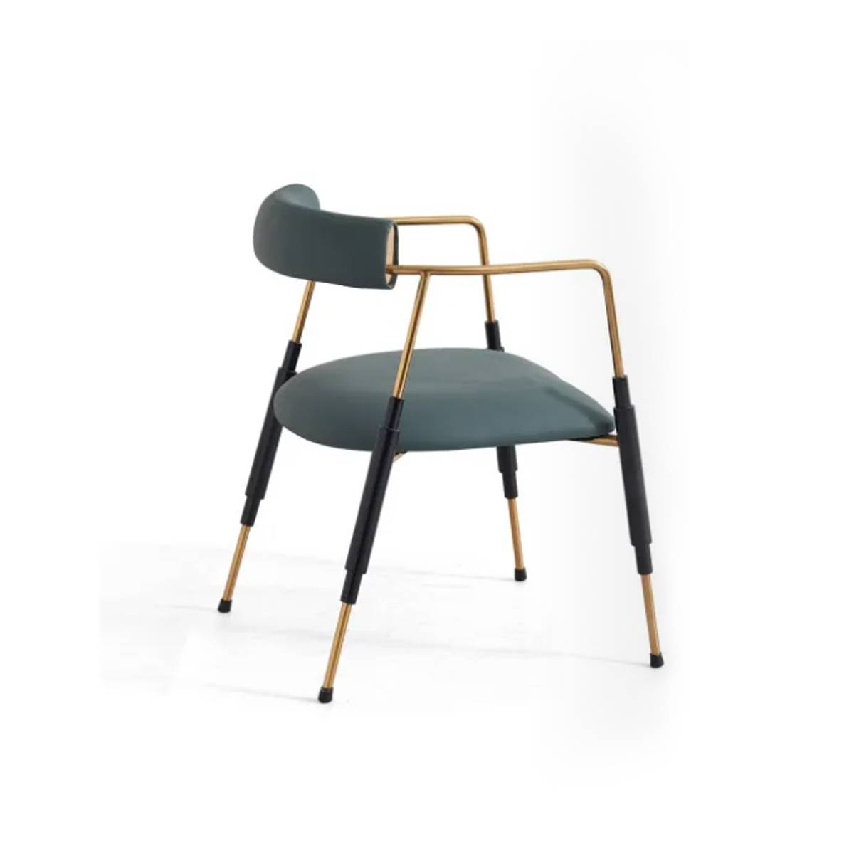 Side view of a blue modern dining chair showing the armrest and backrest design